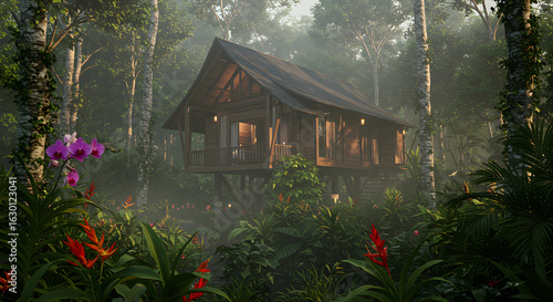 Tropical forest house jungle home nature landscape vacation travel destination rainforest getaway exotic flora