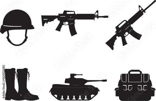 Military gear silhouettes: helmet, rifles, boots, tank, backpack