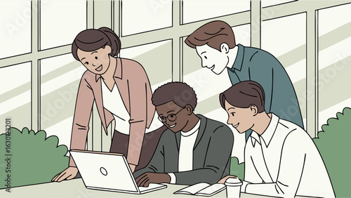 Diverse Team Collaborating on Laptop in Modern Office Setting.
