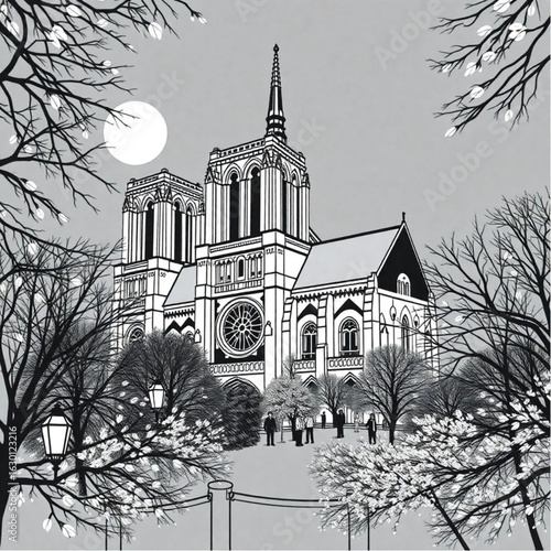 Notre Dame amid autumn leaves in Paris at midnight with glowing lanterns