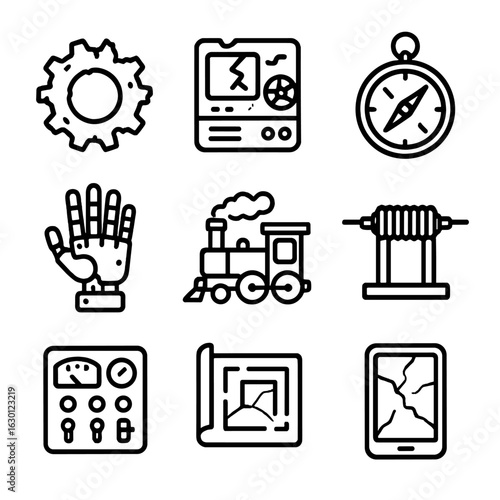 Forgotten Technology Icons. Outline icon set of forgotten technology: rusted gear, broken machine, old compass, mechanical hand,