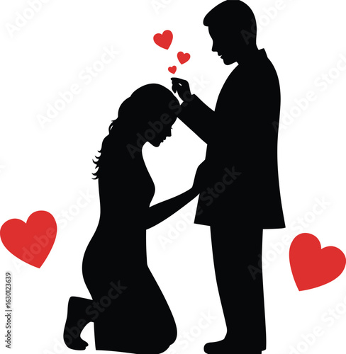 A man proposing to a woman on her knees, with floating hearts symbolizing love, commitment, and a romantic relationship between a couple in a tender moment.