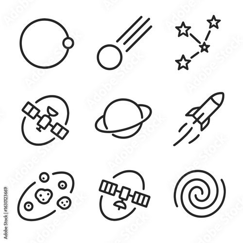 Space Icons Grid. Outline icon set of space and celestial paths: orbital path, comet trail, star constellation, satellite