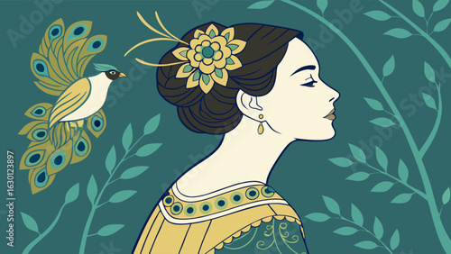 Elegant Woman and Peacock Bird in Artistic Style.