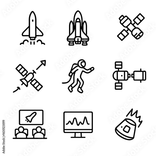 Space Mission Icons. Outline icon set of low Earth orbit missions: satellite launch, space shuttle, cargo spacecraft, orbital