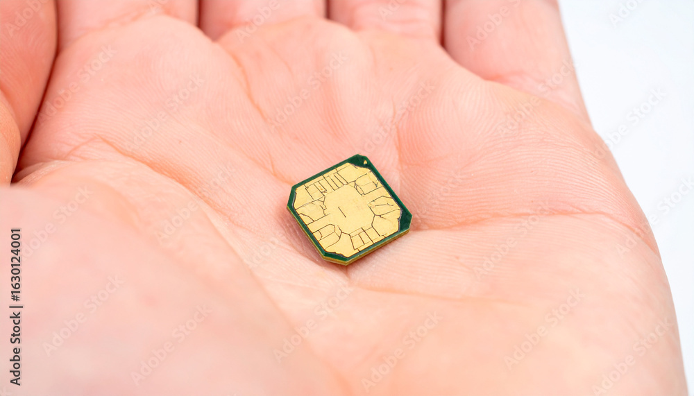 Fototapeta premium SIM Card in Palm: A close-up shot showcases a SIM card resting delicately in the open palm of a hand, symbolizing connection and communication in the digital world.