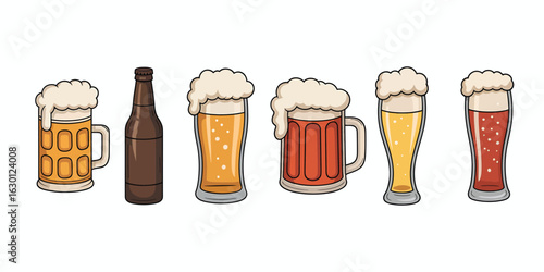 Assorted beer glasses and bottles with frothy heads.eps