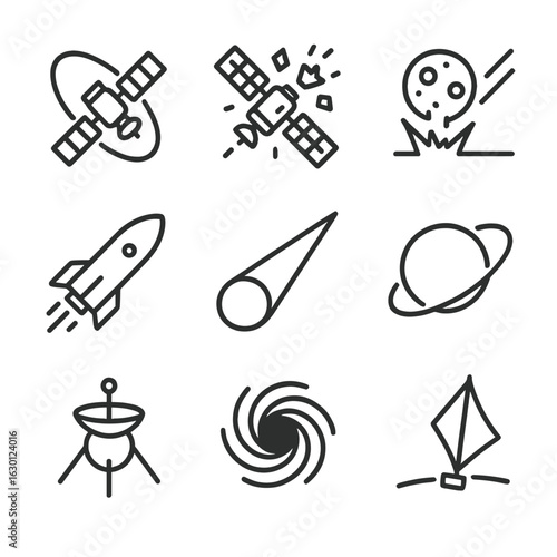 Space Momentum Icons. Outline icon set of momentum in space: orbiting satellite, space debris collision, asteroid impact, rocket