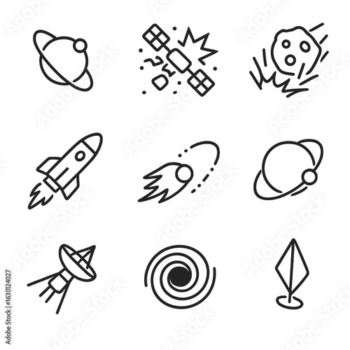 Space Momentum Icons. Outline icon set of momentum in space: orbiting satellite, space debris collision, asteroid impact, rocket