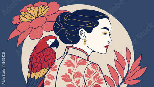 Elegant Woman with Parrot and Floral Design Illustration.