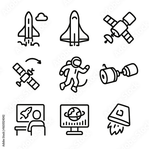 Space Mission Icons. Outline icon set of low Earth orbit missions: satellite launch, space shuttle, cargo spacecraft, orbital