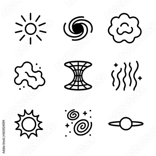 Space Phenomena Icons. Outline icon set of space phenomena: supernova, black hole, nebula, wormhole, cosmic dust, aurora, solar