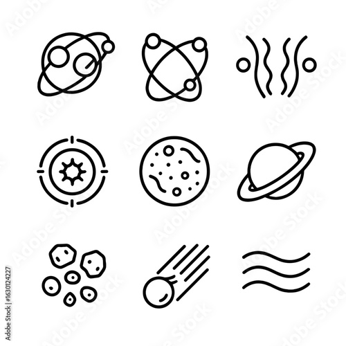 Space Resonance Icons. Outline icon set of resonance in space: planetary resonance, orbital resonance, gravitational waves, star