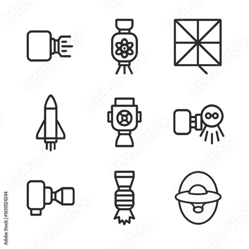 Space Propulsion Icons. Outline icon set of deep space propulsion: ion thruster, nuclear engine, solar sail, chemical rocket,
