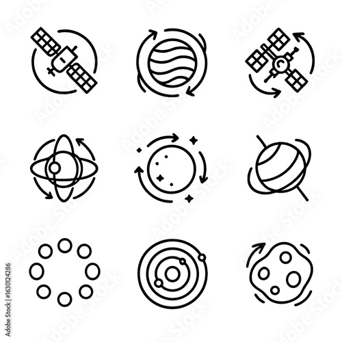 Space Revolution Icons. Outline icon set of space revolution: orbiting satellite, spinning planet, rotating space station,