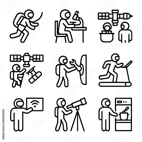 Space Station Icons. Outline icon set of space station activities: spacewalk, research, docking, maintenance, exercise,