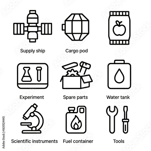 Space Station Cargo Icons. Outline icon set of space station cargo: supply ship, cargo pod, food package, experiment kits, spare