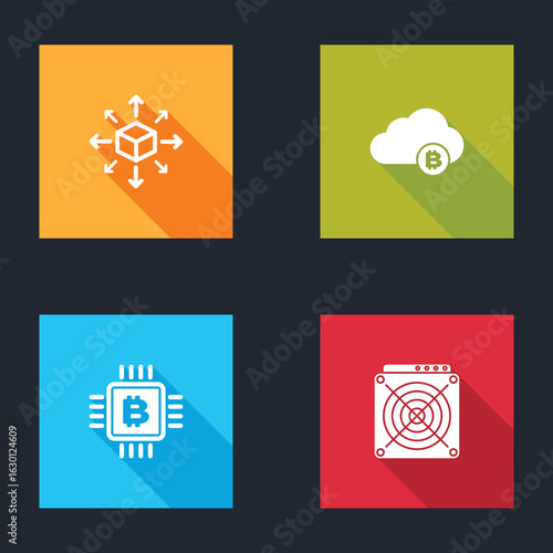 Set Distribution, Cryptocurrency cloud mining, CPU farm and ASIC Miner icon. Vector