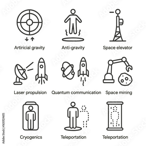 Space Technology Icons. Outline icon set of space technologies: artificial gravity, anti-gravity, space elevator, space habitat,