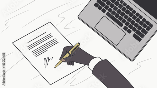 Hand Signing a Document Near a Laptop.