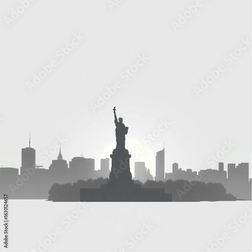Statue of Liberty silhouetted at sunset in New York on a foggy March morning