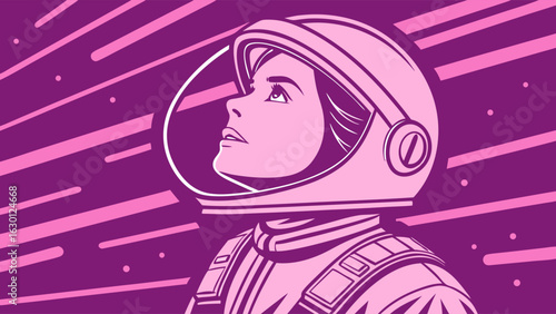 Illustrated Astronaut Woman Looking Upward in Space Suit.