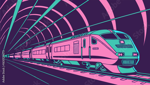 HighSpeed Train in Tunnel with Retro Pop Art Style.