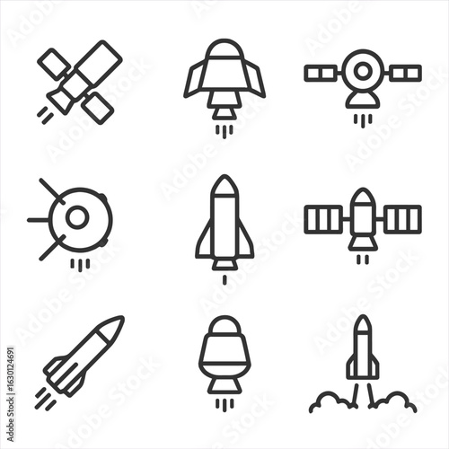 Space Thruster Icons. Outline icon set of thruster applications: satellite positioning, spacecraft maneuvering, orbital