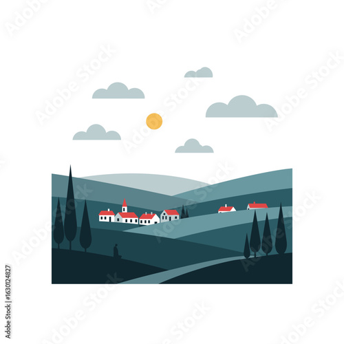 Tuscan landscape with village, hills, cypress trees, and cloudy sky, a serene and idyllic scene in italy, flat design illustration isolated on white background