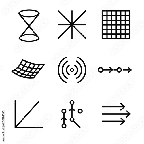 Space-Time Icon Set. Outline icon set of space-time visualization: light cone diagram, Minkowski diagram, spacetime grid, curved