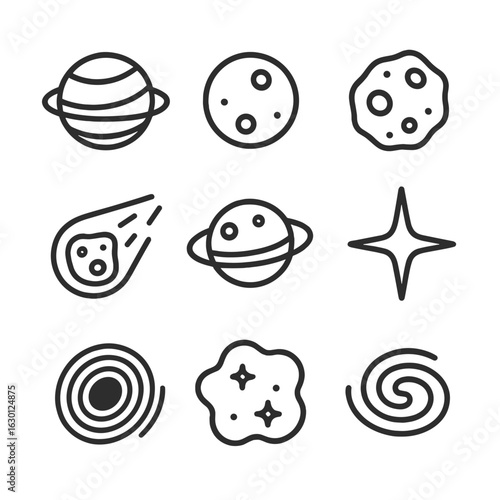Space Icon Set. Outline icon set of extraterrestrial bodies: planet, moon, asteroid, comet, dwarf planet, star, black hole, nebula