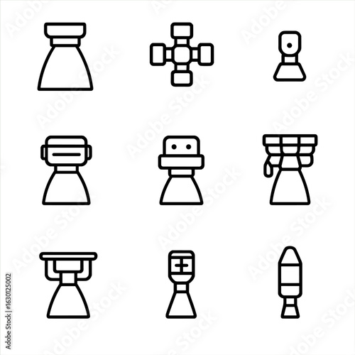 Spacecraft Thrusters Icons. Outline icon set of spacecraft thrusters: main engine, reaction control system, attitude control