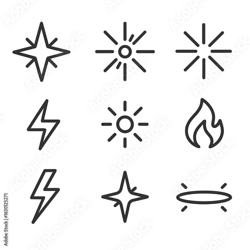 Spark Icon Set. Outline icon set of spark symbols: starburst, burst circle, radiating lines, electric pulse, glowing dot, fire