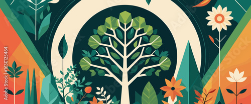 Colorful abstract illustration of nature with stylized trees and flowers in a geometric pattern.