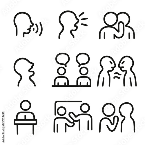 Speech Action Icons. Outline icon set of speech-related actions: talking, shouting, whispering, laughing, debating, arguing,