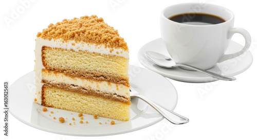 Slice of cake with coffee cup isolated on transparent background