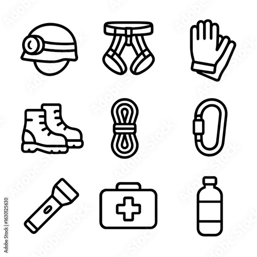 Spelunking Gear Icons. Outline icon set of spelunking gear: helmet with light, climbing harness, gloves, boots, rope, carabiner,