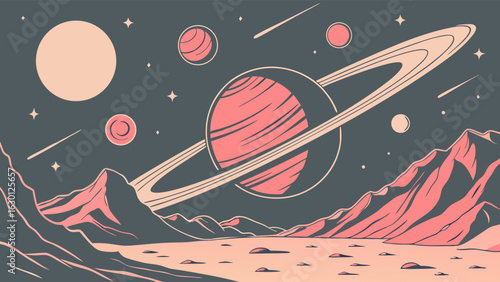 Illustrated planetary landscape with Saturnlike planet moon and stars.
