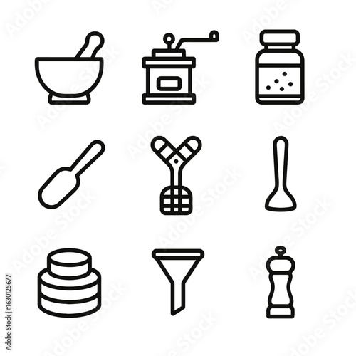 Spice Tools Icon Set. Outline icon set of spice preparation tools: mortar and pestle, spice grinder, spice jar, spice scoop, herb