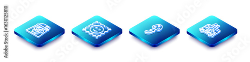 Set Isometric line Hippie girl, LSD acid mark, Psilocybin mushroom and camper van icon. Vector
