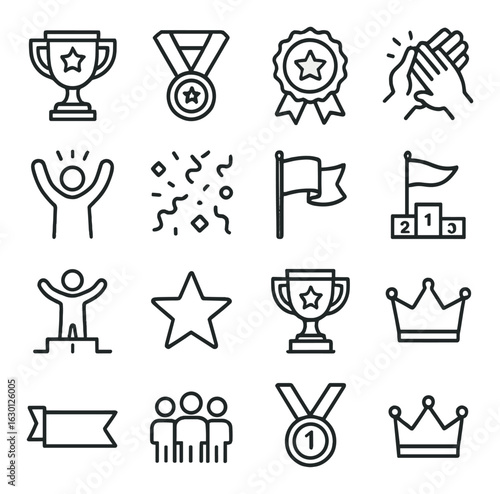 Award icons set: trophy, medal, ribbon, crown, celebration symbols