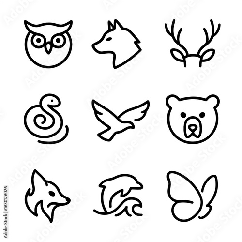 Spirit Guide Icons. Outline icon set of spirit guides: owl spirit, wolf shadow, deer antlers, serpent coil, eagle flight, bear