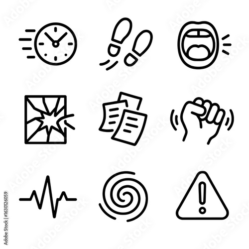 Frantic Activity Icons. Outline icon set of frantic activity: clock ticking fast, rushing footsteps, open mouth yelling, shattered