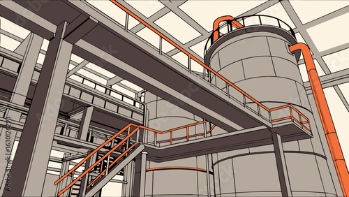 Industrial Plant Interior with Tanks Walkways and Piping System.