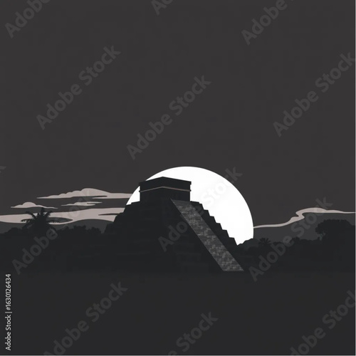 Chichen Itza silhouetted at sunset in Mexico during the harvest festival