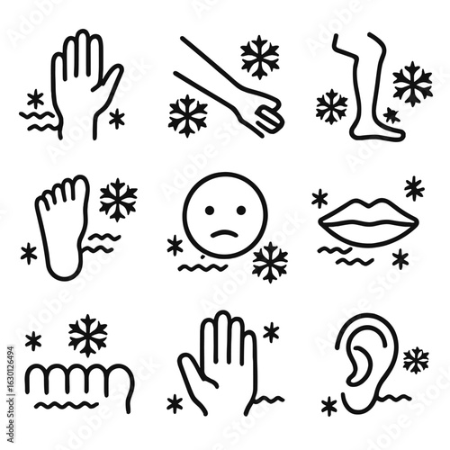 Frozen Body Parts Icons. Outline icon set of numb body parts: frozen hand, icy arm, numb leg, cold foot, frozen face, icy lips,