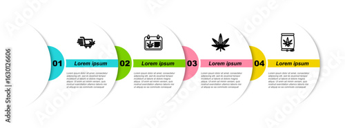 Set line Shopping cart with marijuana, Calendar and, Marijuana or cannabis leaf and seeds. Business infographic template. Vector