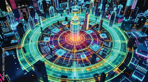 Futuristic Cyberpunk Cityscape with Neon Geometric Energy Grid vector illustration.