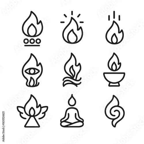 Spiritual Flame Icons. Outline icon set of spiritual flames: chakra fire, divine flame, ascension spark, third-eye light, soul
