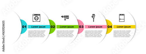 Set line Washer, Rotary hammer drill machine, Construction jackhammer and Refrigerator. Business infographic template. Vector